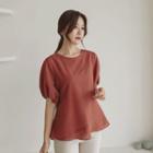 Puff-sleeve Tie-back Peplum Blouse Beige - One Size