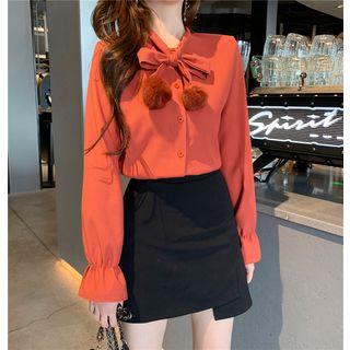 Long-sleeve Tie-neck Plain Shirt