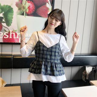 Set: Plaid Spaghetti Strap Top + 3/4-sleeve Plain Blouse