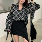 Cold-shoulder Plaid Blouse / Asymmetrical Midi Skirt