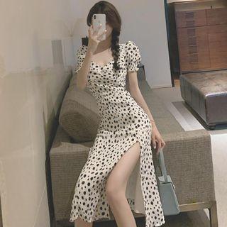 Puff-sleeve Dotted Slit-hem Midi A-line Dress