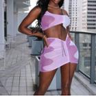 Set: Color-block Off-shoulder Crop Camisole Top + Color-block Mini Pencil Skirt