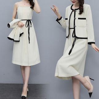 Set: Contrast Trim Jacket + Spaghetti Strap A-line Dress