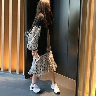 Long-sleeve Patterned Midi Mock Two Piece Dress Black - One Size