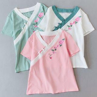 Traditional Chinese Short-sleeve Contrast Trim Frog Buttoned Embroidered Top