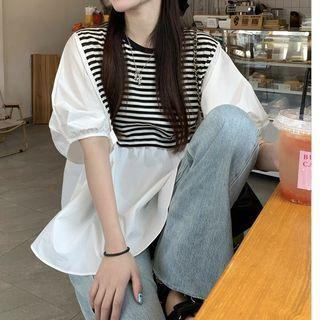 Puff-sleeve Striped Panel Blouse Stripe - Black & White - One Size