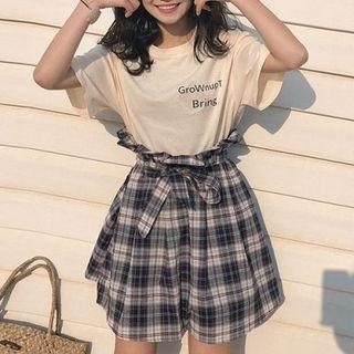 Set: Lettering Short-sleeve T-shirt + Check A-line Skirt