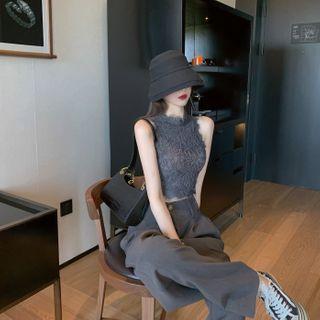 Sleeveless Crochet Lace Top / High-waist Loose-fit Straight Cut Dress Pants