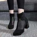 Genuine-leather Chunky-heel Mesh Panel Ankle Boots