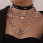 Alloy Lettering Lock & Key Stud Faux Leather Layered Choker Necklace