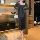 Long-sleeve Cutout Glitter Velvet Midi Sheath Dress