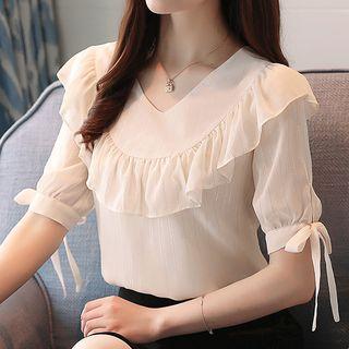 Bow Short-sleeve Ruffle V-neck Chiffon Blouse