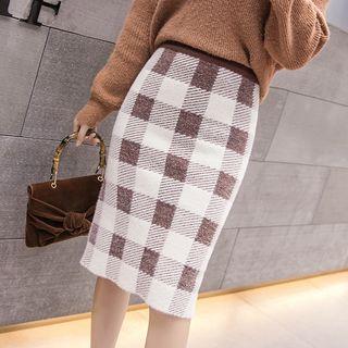 Midi Plaid Sheath Knit Skirt
