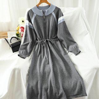 Striped Drawstring Long-sleeve Midi A-line Dress