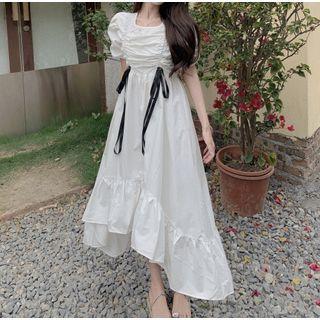 Short-sleeve Square-neck Drawstring Midi Dress