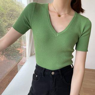 Short Sleeve V-neck Ribbed Knit Top