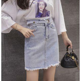 Fray Trim Denim Pencil Skirt