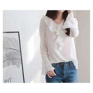 Bell-sleeve Ruffle-detail Top