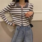 Collared Striped Zip-up Cropped Cardigan