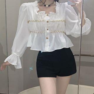Bell-sleeve Square-neck Ruffle Trim Top
