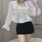 Bell-sleeve Square-neck Ruffle Trim Top