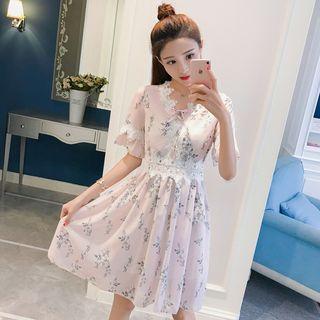 Lace Trim Floral Print Short Sleeve Chiffon Dress