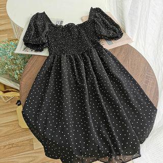 Dotted Off-shoulder Puff-sleeve Dress