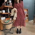 Floral Print Ruched Chiffon Dress As Shown In Figure - One Size