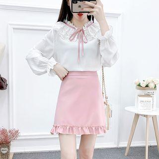 Set: Crochet Collar Blouse + Ruffle Hem A-line Skirt