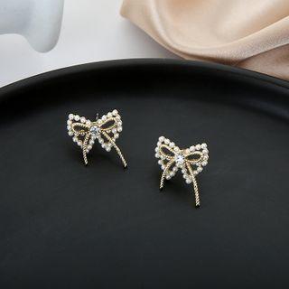 Faux Pearl Bow Ear Stud 1 Pair - Earrings - 925 Silver - One Size