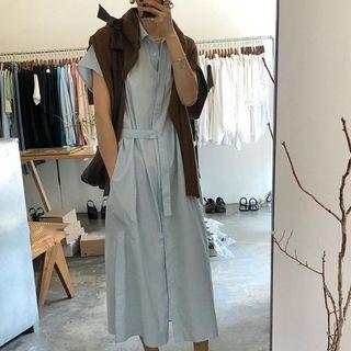 Short-sleeve Midi A-line Shirtdress Blue - One Size