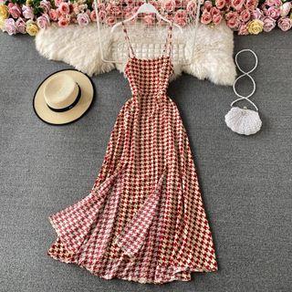 Spaghetti Strap Houndstooth Slit Dress
