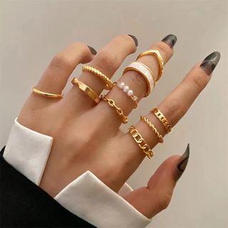 Set Of 10: Glaze / Alloy Open Ring (various Designs) Set Of 10 - White Faux Pearl - Gold - One Size