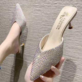 Rhinestone Kitten-heel Mules
