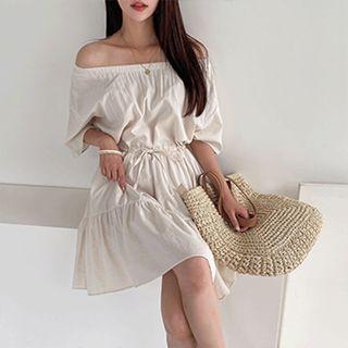 Off-shoulder Drawstring-waist Tiered Dress