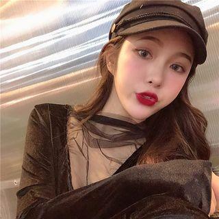 Velvet Panel Mesh V-neck Long-sleeve Slim-fit Top