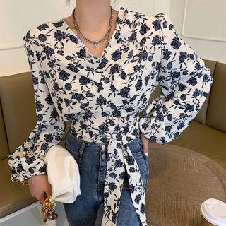 Long-sleeve Floral Print Tie-waist Blouse