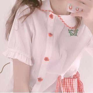 Asymmetric Short-sleeve Butterfly Embroidered Shirt White - One Size