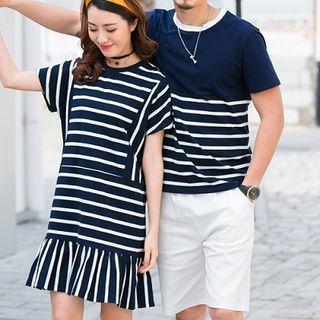 Women Short-sleeve Striped A-line Dress / Men Set: Striped T-shirt + Shorts