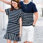 Women Short-sleeve Striped A-line Dress / Men Set: Striped T-shirt + Shorts