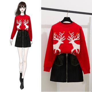 Deer Print Sweater / Mini A-line Skirt / Set