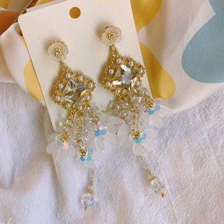 Rhinestone Dangle Earring 1 Pair - Silver Steel - Flower & Tassel - Gold & White - One Size