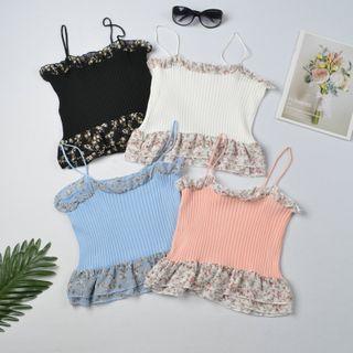 Floral Print Chiffon Panel Ribbed Knit Camisole Top