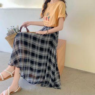 High-waist Gingham Chiffon Maxi Skirt Black - One Size