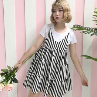 Set: Short-sleeve T-shirt + Striped Strappy A-line Dress