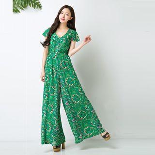 Short-sleeve Floral Print Chiffon Jumpsuit