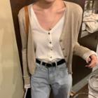 Mock Two-piece Long-sleeve Buttoned Knit Top White & Almond - One Size