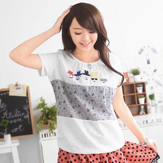 Five Hat Print Short Sleeve Top White - One Size