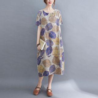 Short-sleeve Leaf Print Midi Shift Dress