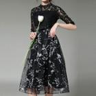 Lace Elbow Sleeve Floral Print Mesh Hem Dress